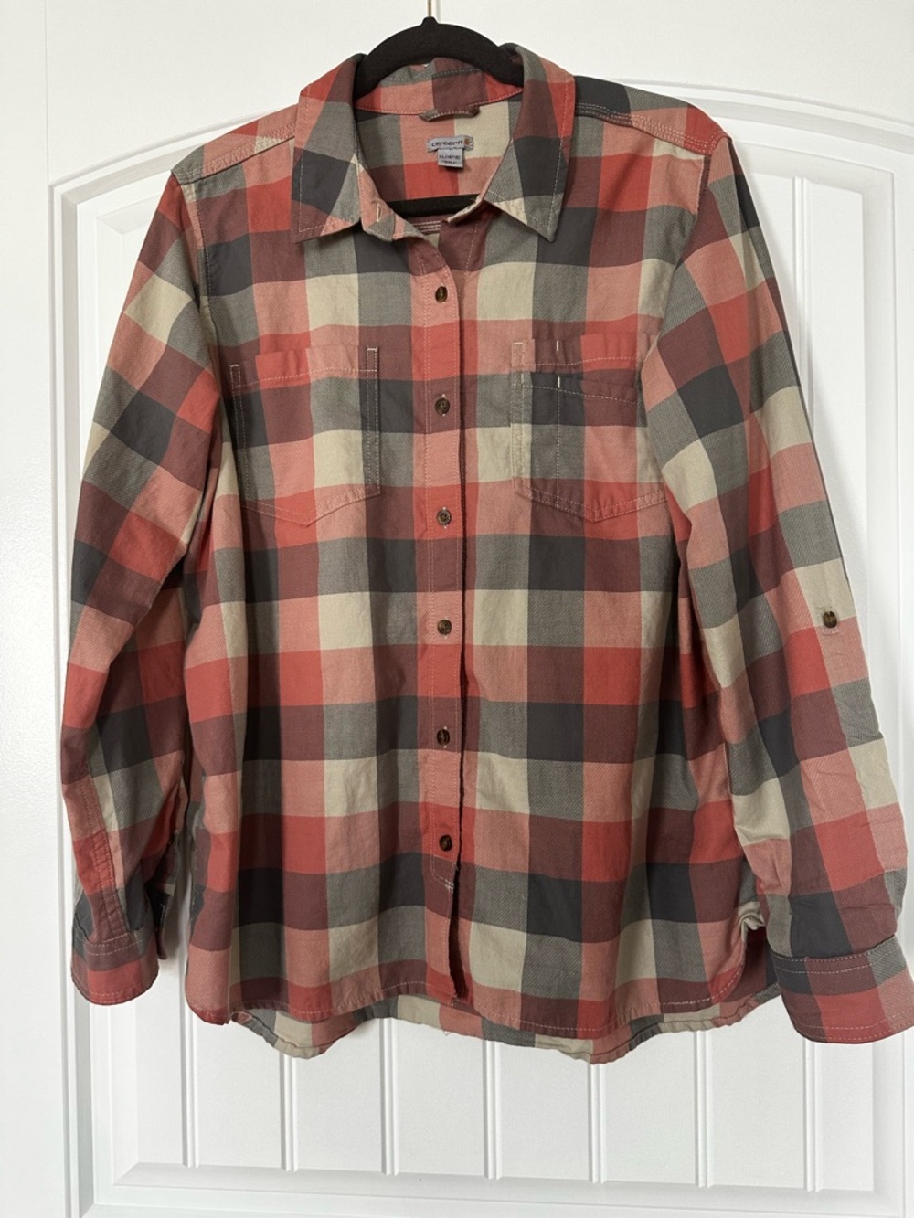 Carhartt Women’s Pink Tan & Gray Plaid Button-Down Shirt